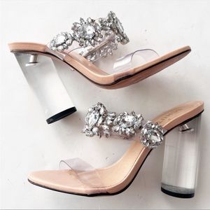 SCHUTZ Black Crystal-Embellished
Clear Block Heel Sandals Wedding Bride